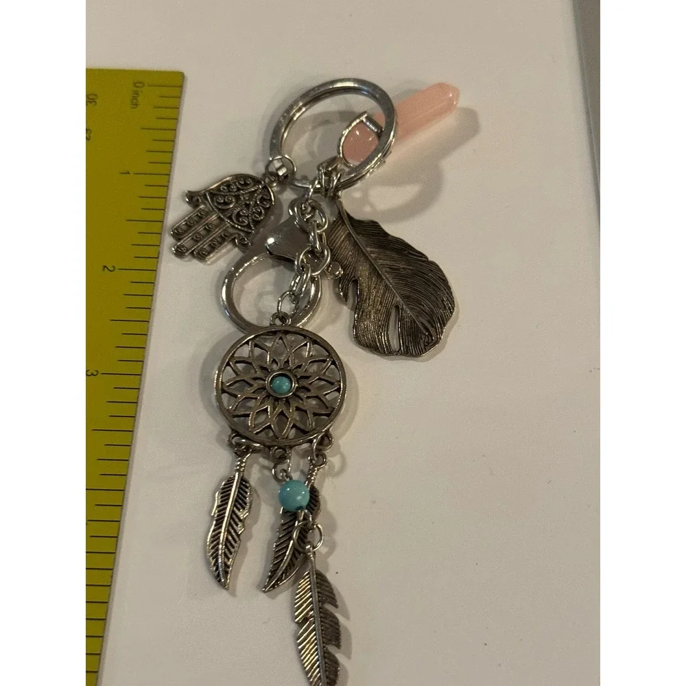 Boho‎ Silver Dreamcatcher Hamsa Pink Quartz Leaf Keychain Bag Charm Accessory